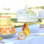 Cake Table Featuring 7 Different Flavored Cakes and DIY Cake Stands