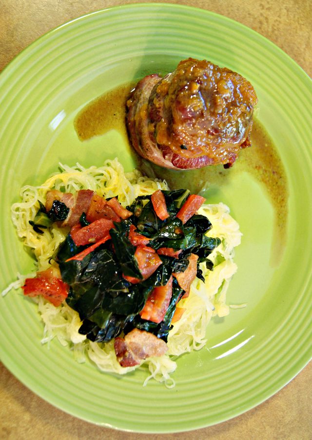Bacon Wrapped Kale with Spaghetti Squash Dressed in Kale, Tomato, and Bacon