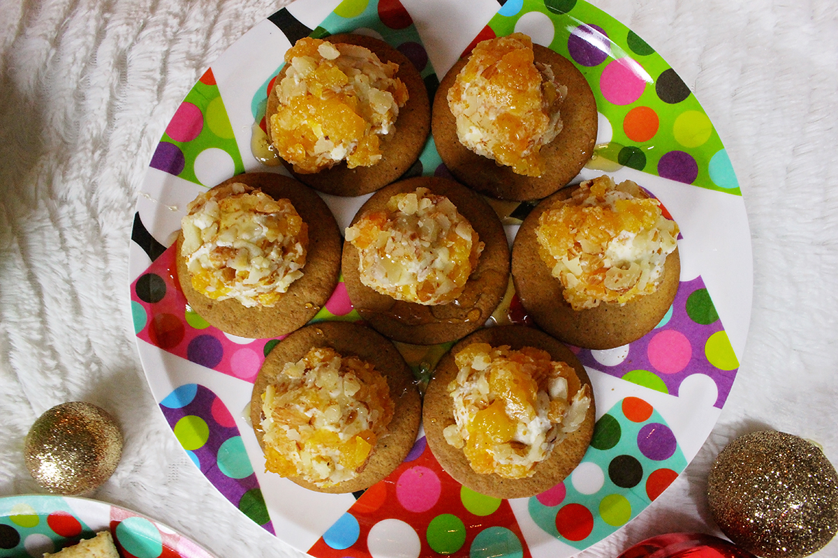 Easy Holiday Appetizer: Goat Cheese, Honey, Apricot, & Almond Balls on Gingersnap Cookies - A Well Crafted Party