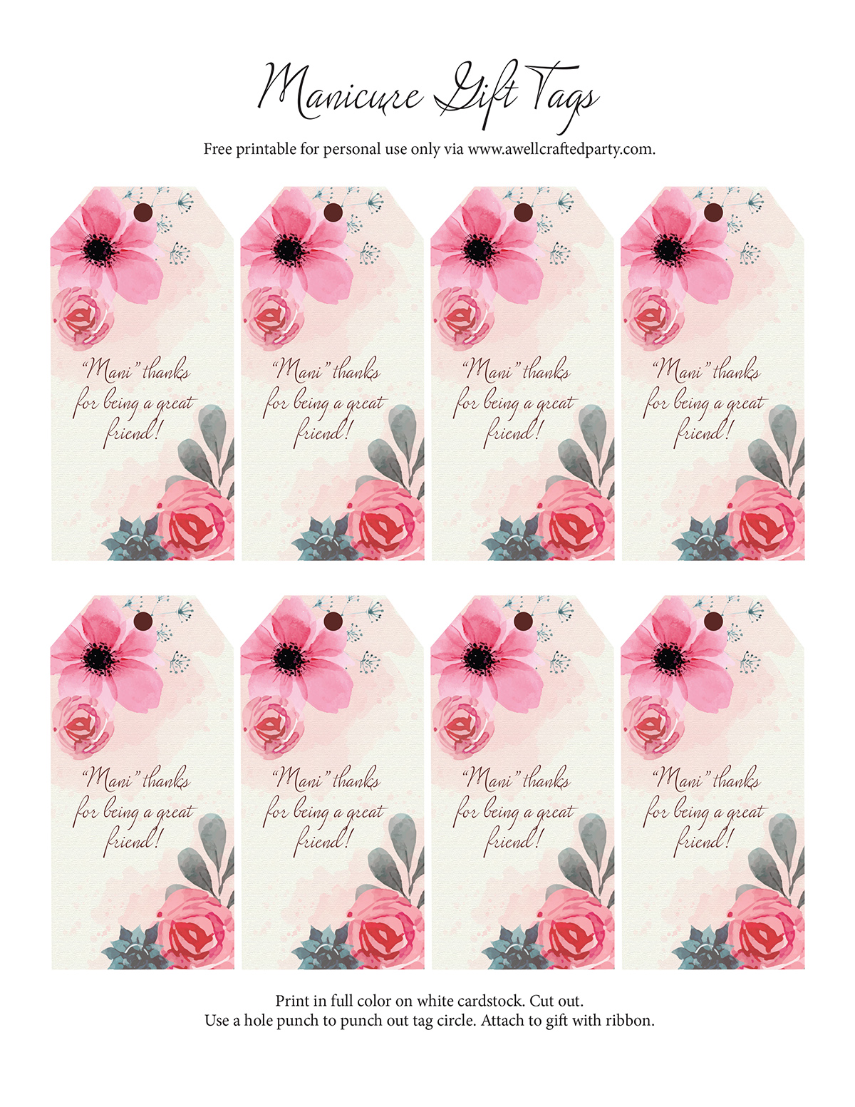 "Mani" Thanks gift tags free printables - A Well Crafted Party