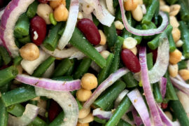 kidney beans, green beans, garbanzo beans, and cannellini beans with red onion