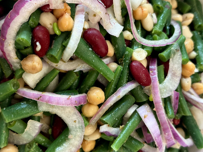 kidney beans, green beans, garbanzo beans, and cannellini beans with red onion